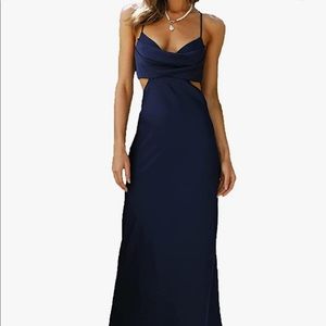 Navy satin cutout maxi / midi wedding guest dress